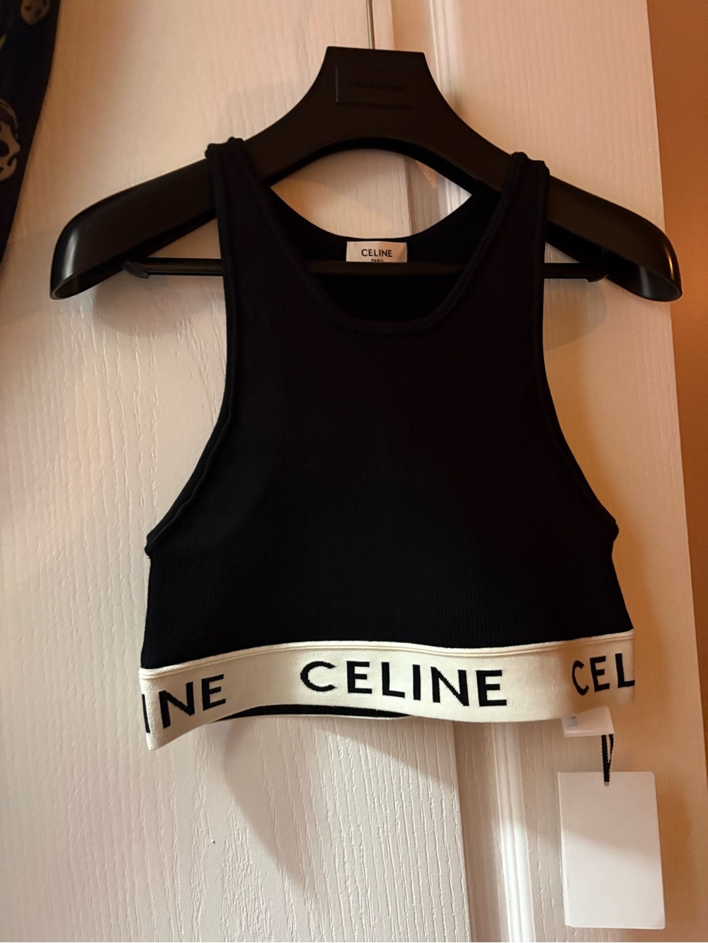 Celine Black Ribbed Crop Tank with Cream Logo Band